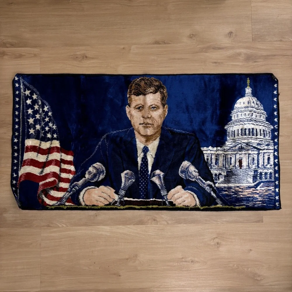 Vintage 1960's John F. Kennedy Tapestry Wall Rug Presidential Art - 37 x 19 inch